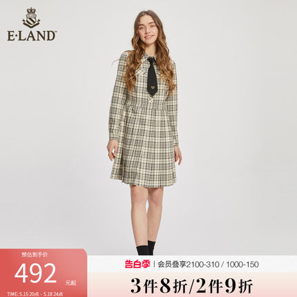 Eland衣恋连衣裙女学院风复古格纹青减龄衬衫裙子女春秋