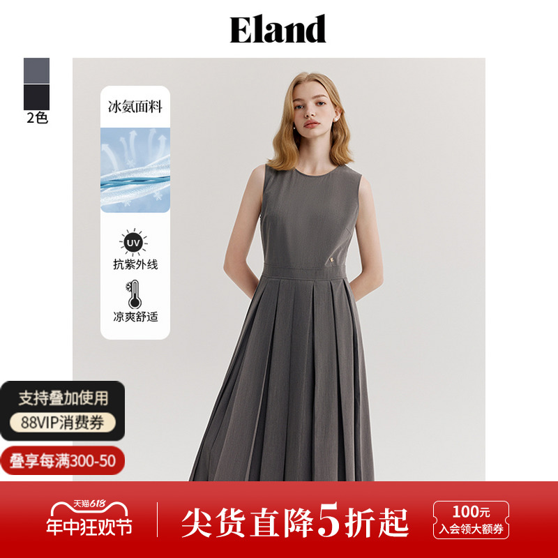 Eland衣恋无袖连衣裙女圆领百褶裙摆高腰中长裙子2024夏季新款