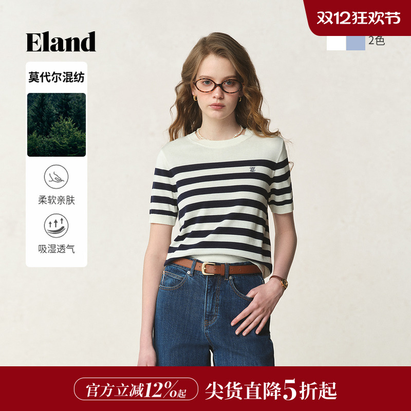 ELAND针织T恤撞色条纹短袖