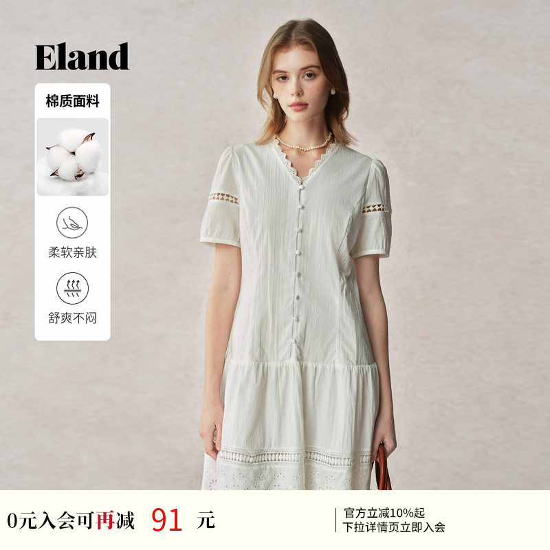 Eland衣恋连衣裙女蕾丝花边V领薄款短袖通勤裙修身显瘦短裙夏季