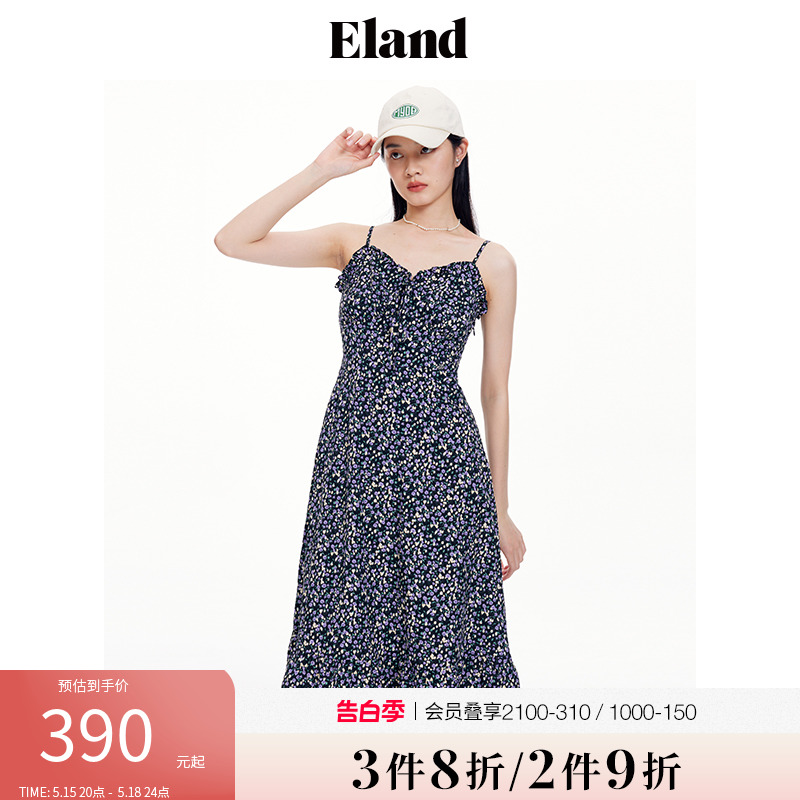 Eland衣恋连衣裙女清新甜美吊带裙夏季收腰设计裙子中长裙