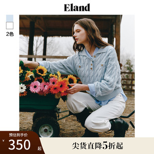 宽松休闲舒适上衣 Eland衣恋绞花毛衣女POLO领套头衫