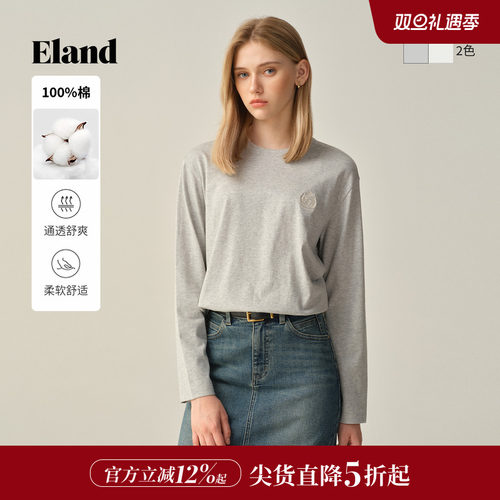 ELAND纯棉圆领长袖纯色