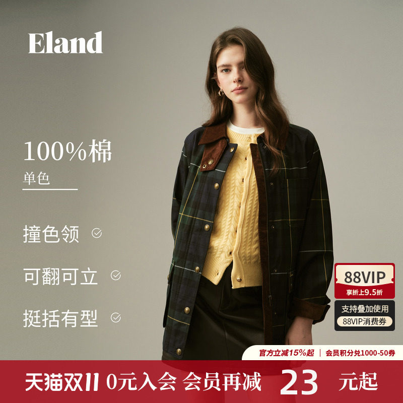 ELAND英伦复古格纹翻领外套