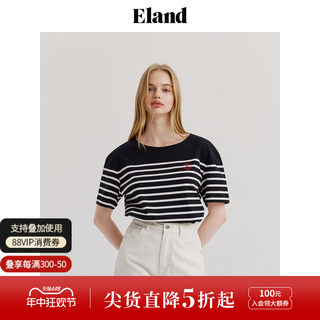 Eland衣恋条纹短袖T恤女美式运动学院风时尚百搭上衣2024夏季新款