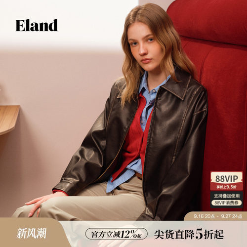 ELAND仿皮复古翻领长袖外套女