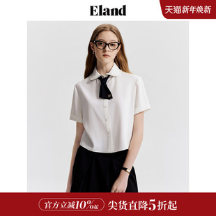 上衣夏 女蝴蝶结领带雪纺衫 Eland衣恋白色短袖 衬衫