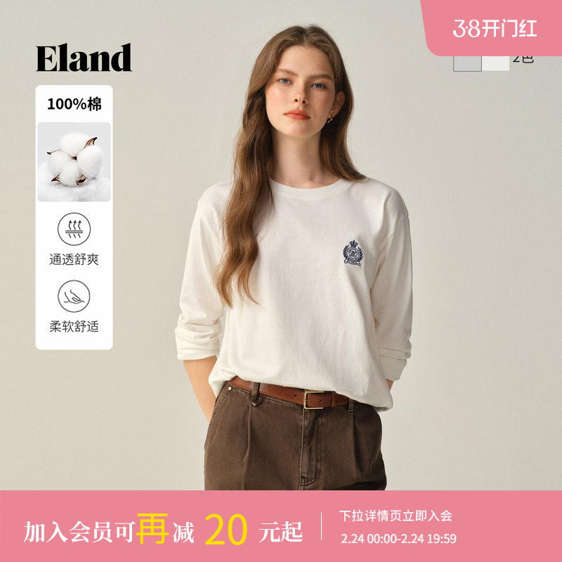 【100%棉】Eland衣恋T恤女圆领长袖纯色休闲上衣2025冬