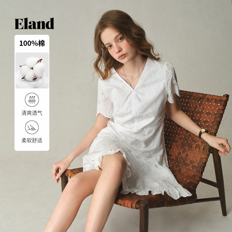 ELAND连衣裙蕾丝v领荷叶边中高腰