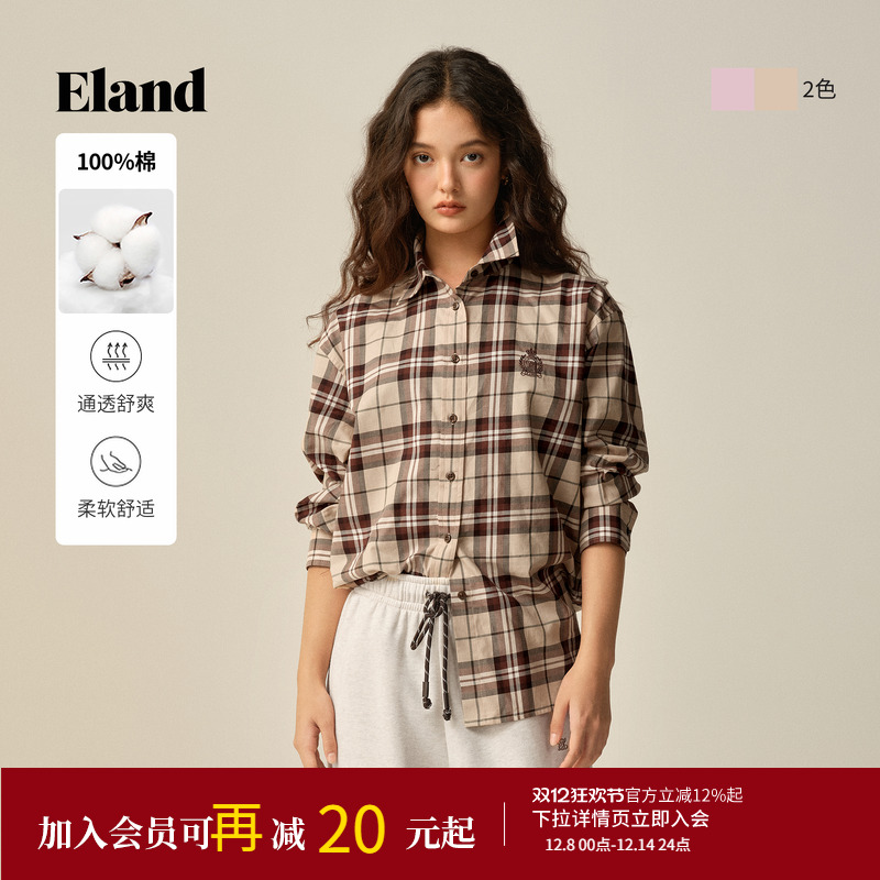 ELAND衬衫格纹长袖衬衫纯棉