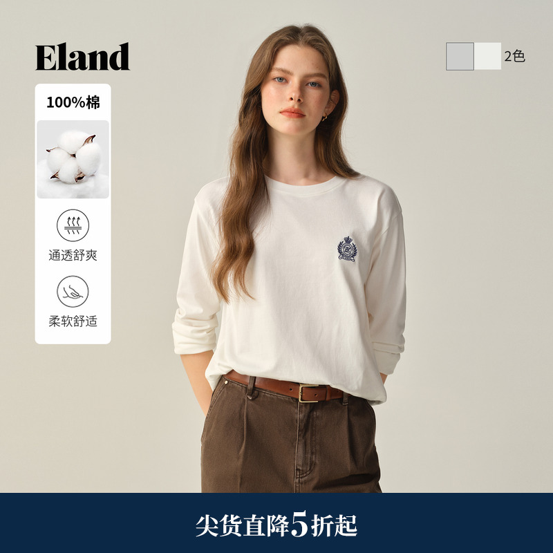 ELAND纯棉圆领长袖纯色