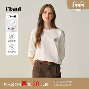【100%棉】Eland衣恋T恤女圆领长袖纯色休闲上衣2025冬季新款