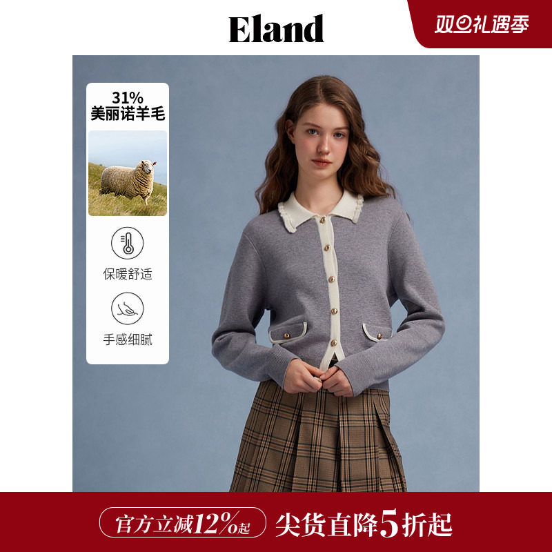 ELAND学院风翻领长袖毛针织衫
