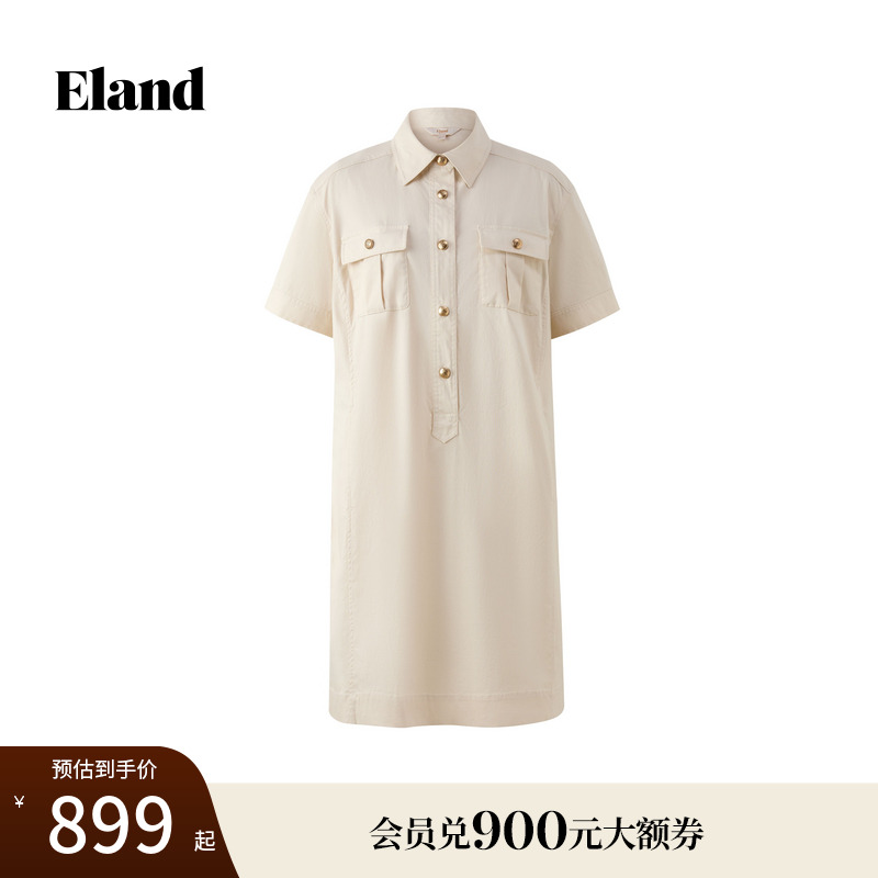 Eland衣恋衬衫领连衣裙女短袖通勤裙子2025秋季新款