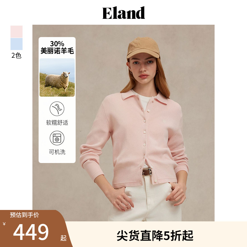 ELAND毛针织衫甜美单排扣翻领