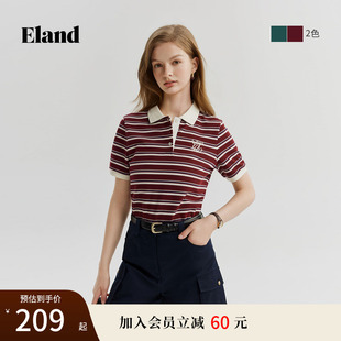 上衣夏 Eland衣恋T恤女POLO领翻领撞色条纹棉感舒适短袖