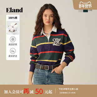 【100%棉】Eland衣恋T恤女时尚学院风条纹Polo衫上衣2025冬季新款