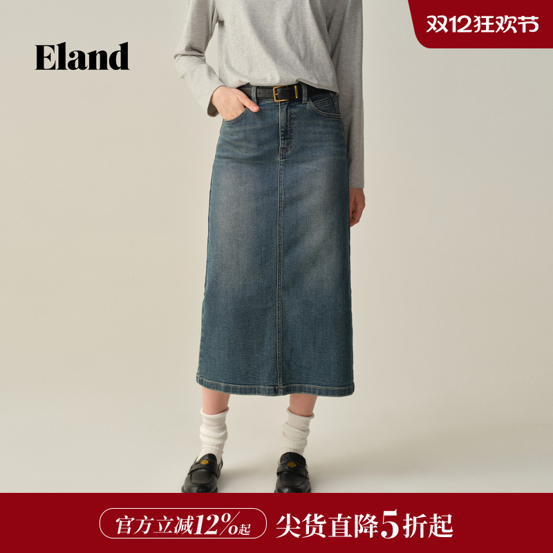 ELAND半身裙小高腰牛仔裙直筒