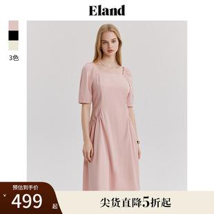 连衣裙女甜美抽褶设计显瘦裙子夏季 Eland衣恋方领泡泡袖