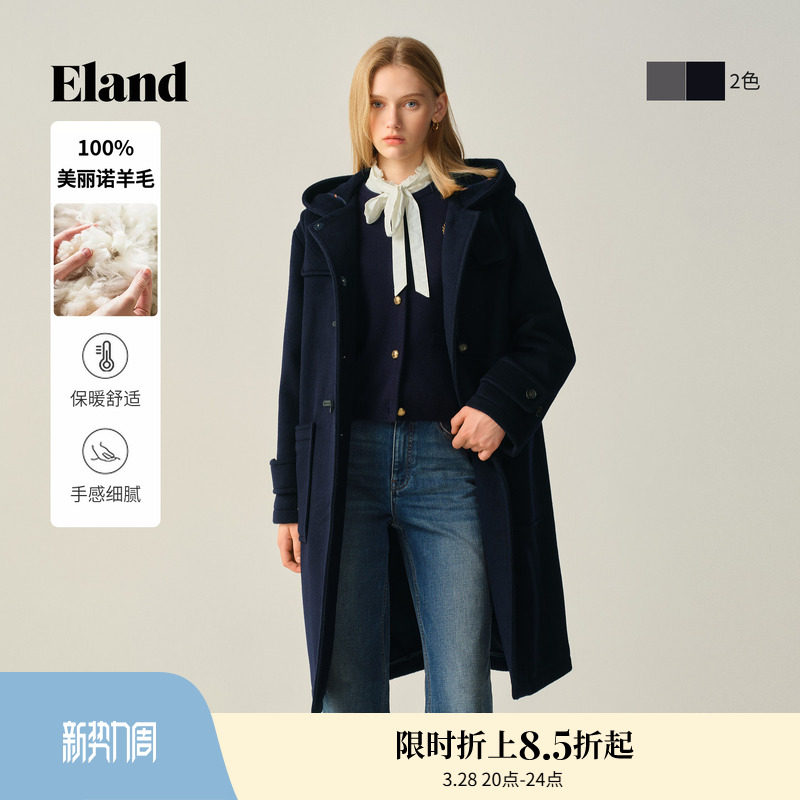 【100%美丽诺羊毛】Eland衣恋毛呢外套女牛角扣廓形大衣冬新