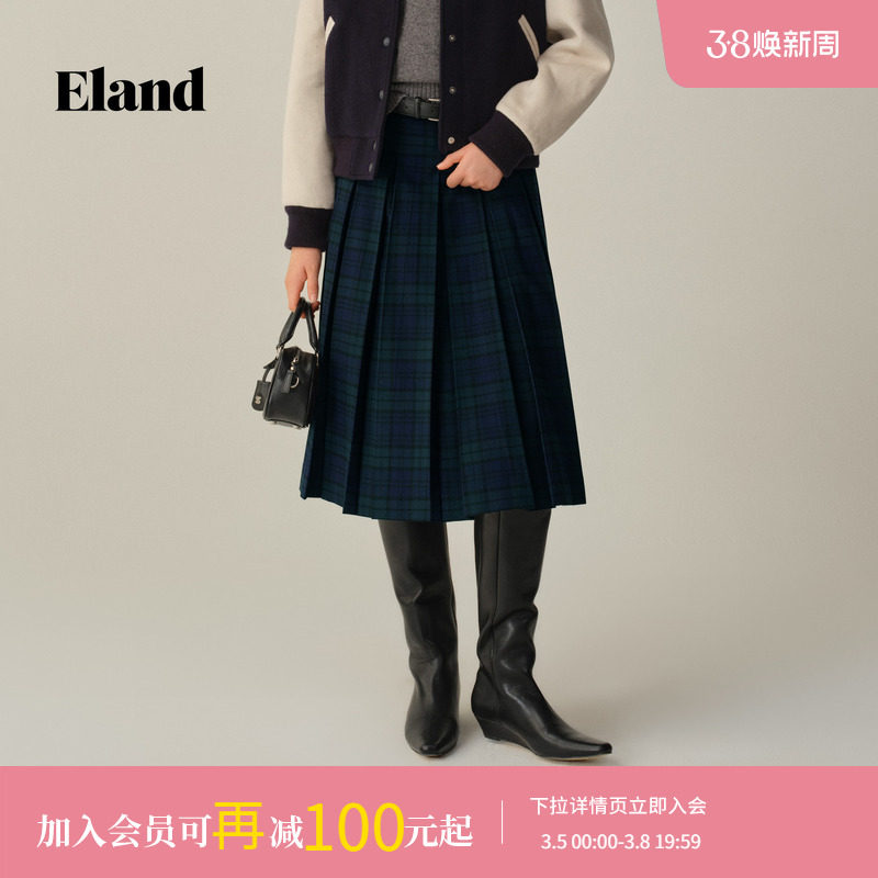 Eland衣恋半身裙女时尚格纹裙中长款百褶裙2025冬季新款