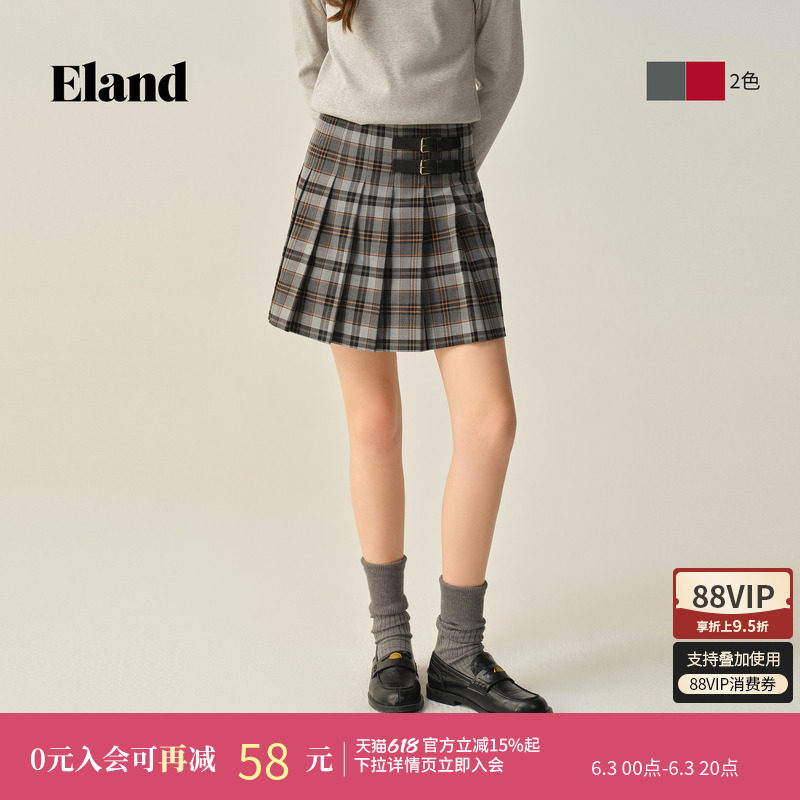 Eland衣恋半身裙女甜美学院风百褶裙A字裙短裙冬季新款
