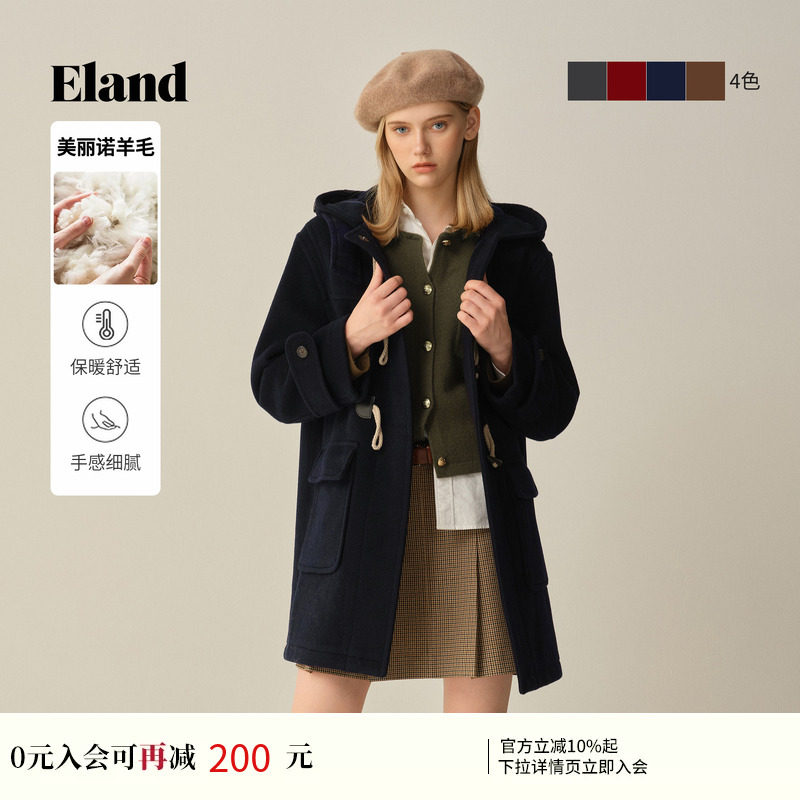 【经典长期主义】Eland衣恋毛呢外套女牛角扣羊毛大衣冬新款