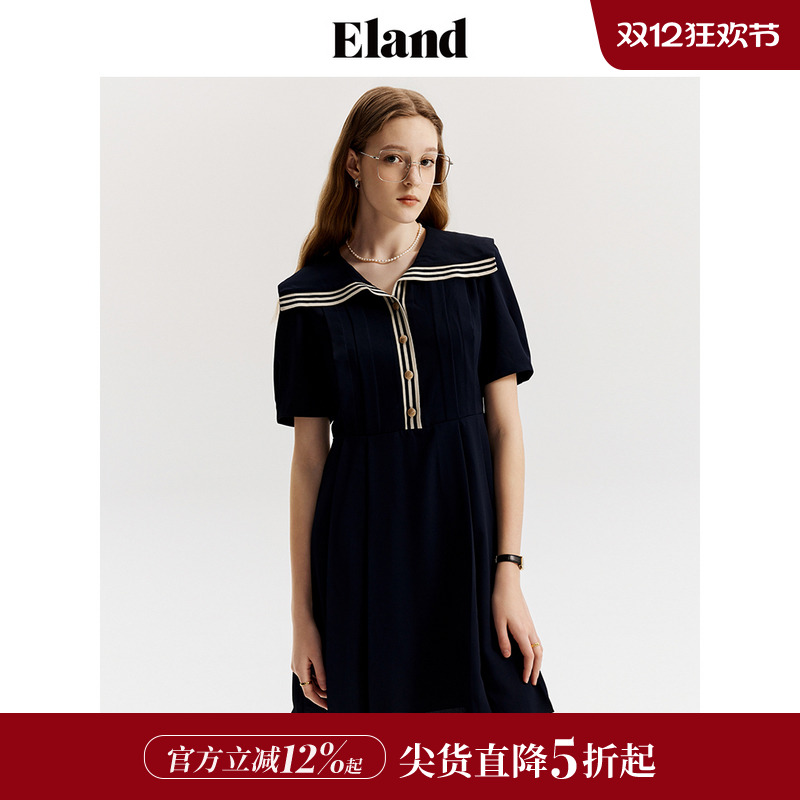 Eland衣恋短袖连衣裙女海军领复古优雅百褶裙子夏 - 封面