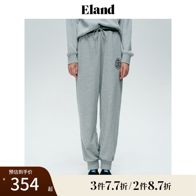 Eland衣恋休闲裤女纯棉针织裤经典腰部撞色长裤子