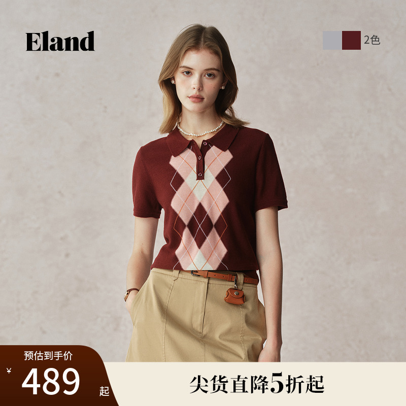 Eland衣恋毛衣针织衫女翻领短袖时尚宽松菱格上衣2025夏季新