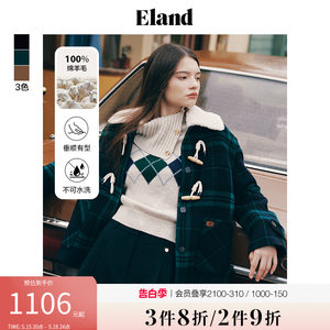 【100%绵羊毛】Eland衣恋毛呢大衣女羊羔毛领美拉德牛角扣外套