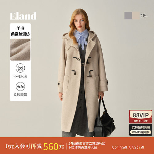 ELAND毛呢外套含羊毛长款连帽