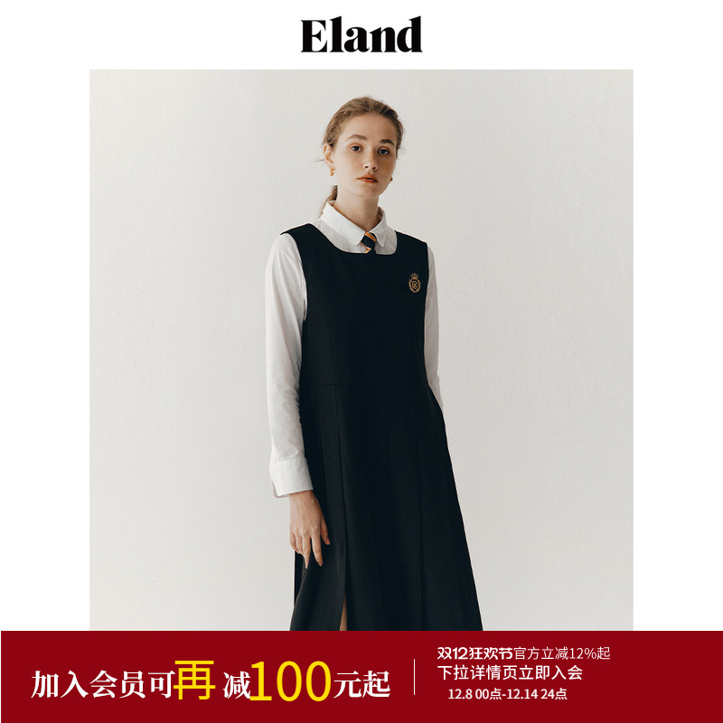E·LAND方领无袖学院连衣裙