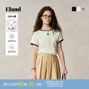 【100%棉】Eland衣恋T恤女复古风圆领短袖微弹紧身短款上衣夏季