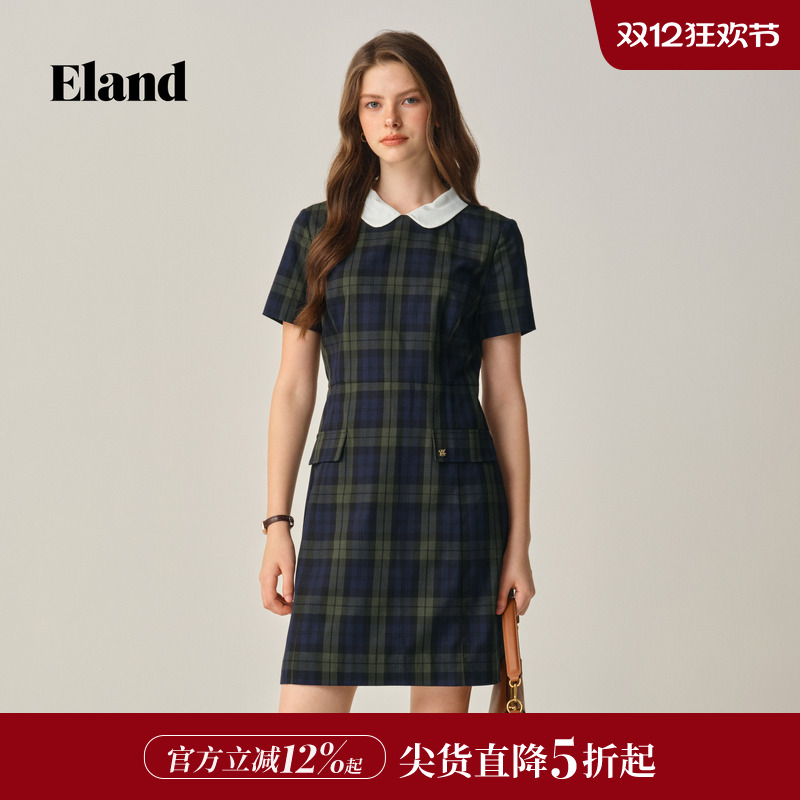 ELAND连衣裙格纹可拆卸领收腰
