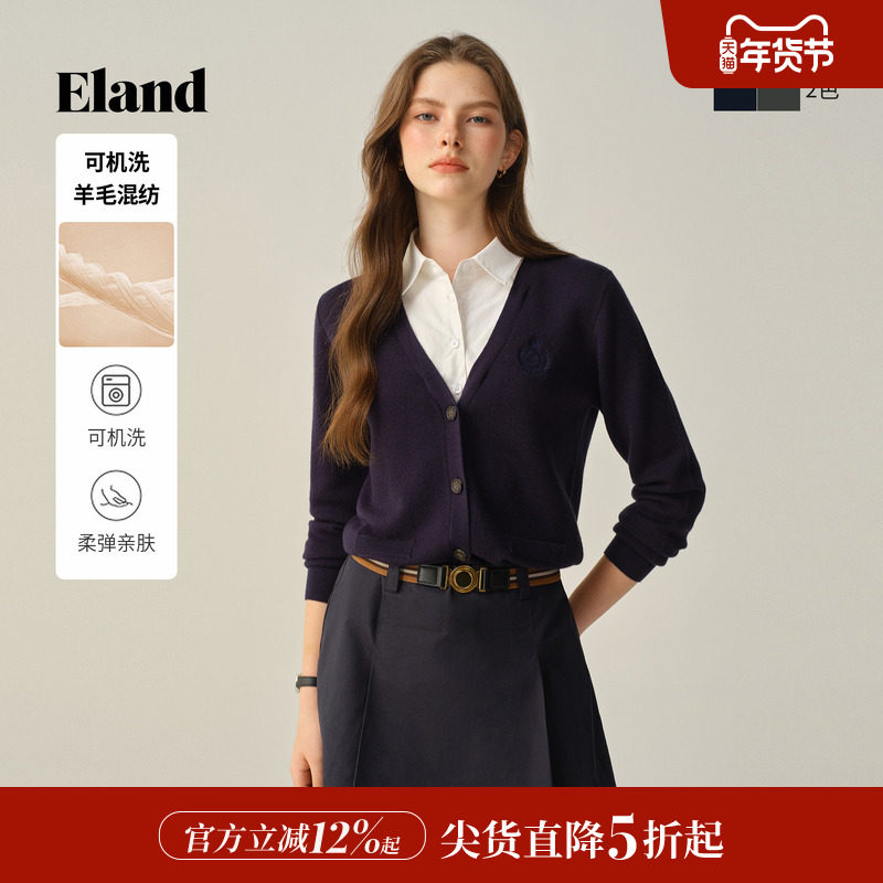 【可机洗羊毛】Eland衣恋毛针织衫女假两件翻领上衣2025冬季新款