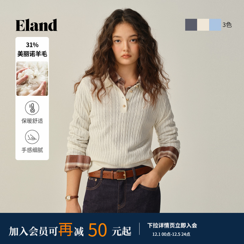ELAND毛衣翻领合身长袖针织衫