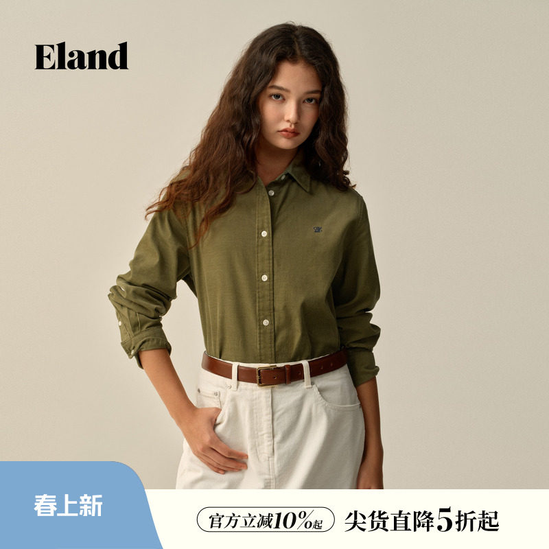【100%棉】Eland衣恋衬衫男女款通勤翻领纯色上衣2025冬季新款
