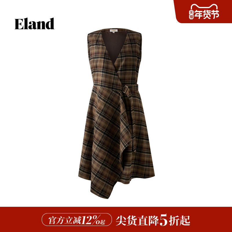 Eland衣恋连衣裙女气质V领不规则下摆宽松无袖背心裙2025冬季新款