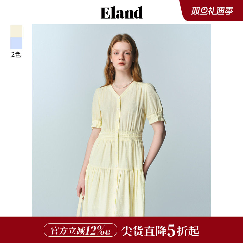 【茶歇裙】Eland衣恋连衣裙女泡泡袖设计塔克下摆裙子25夏季新