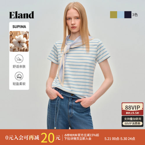 ELAND圆领条纹短袖上衣女