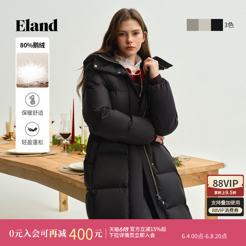 【鹅绒】Eland衣恋羽绒服女中长连帽极寒浴袍式鹅绒外套冬新