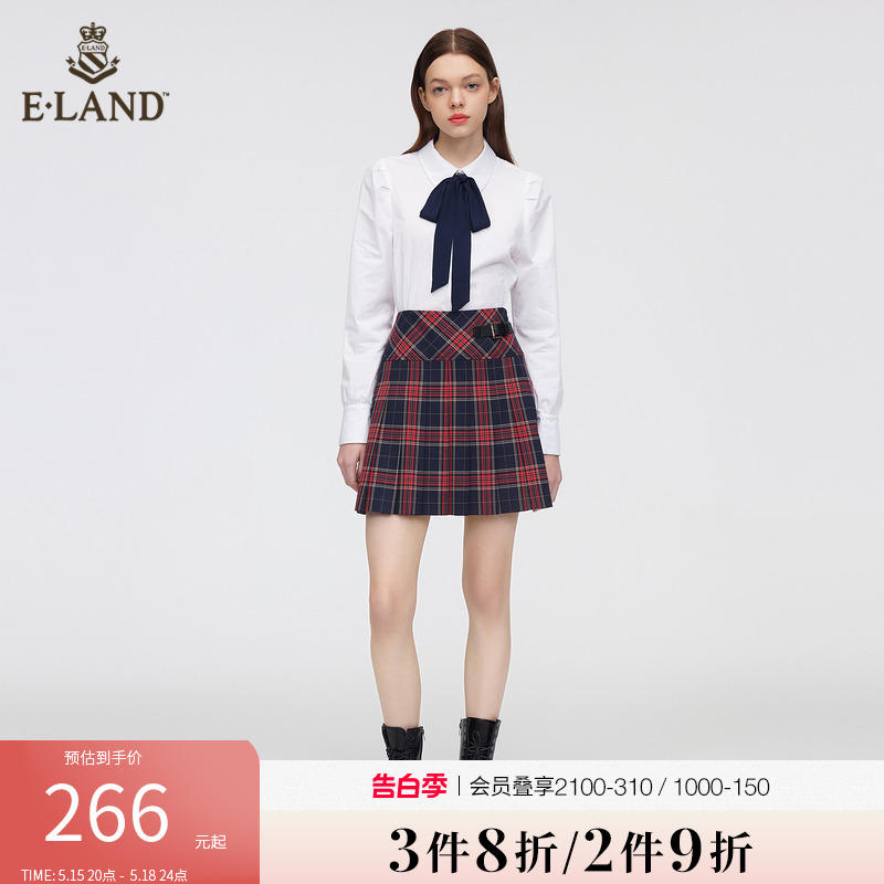 Eland衣恋学院风高腰红色撞色格子百褶裙半身裙子女夏季