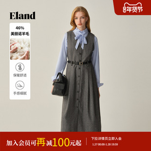 【绵羊毛】Eland衣恋连衣裙女气质V领无袖收腰长裙2025冬季新款