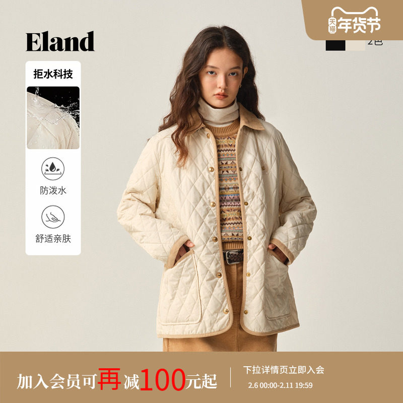 【拒水科技】【含绵羊毛】ELand衣恋棉服女菱格中长款2025冬新款