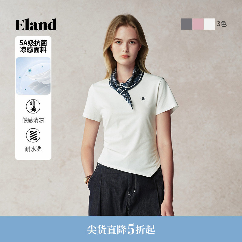 【索罗娜凉感+抗菌】Eland衣恋T恤女圆领宽松正肩短款短袖上衣夏