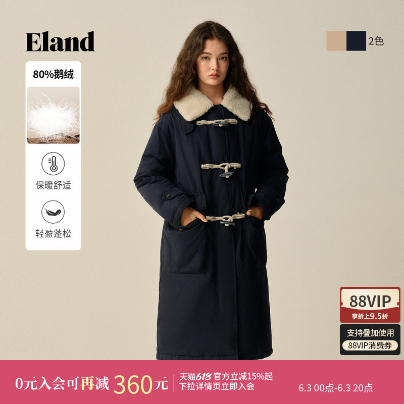 【鹅绒】Eland衣恋羽绒服女直筒微收腰毛领牛角扣外套冬新款