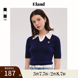 T恤女撞色翻领敞口针织衫 Eland衣恋短袖 上衣女休闲风夏