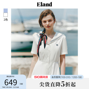 裙子2024夏季 Eland衣恋海军领短袖 连衣裙女收腰X版 新款 长款