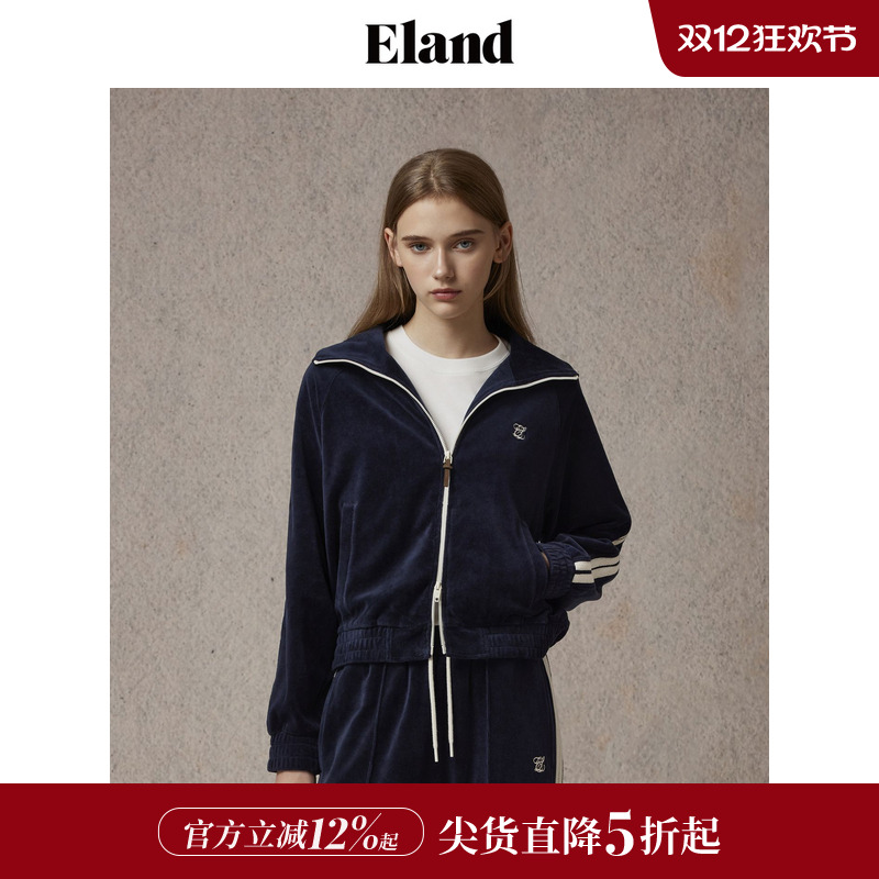 ELAND天鹅绒休闲高领拉链卫衣